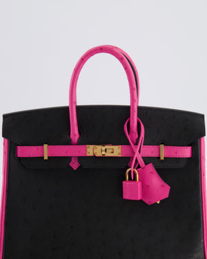 *RARE* Hermès HSS Birkin 25 Retourne Bag in Black and Rose Shocking Ostrich Leather with Gold Hardware