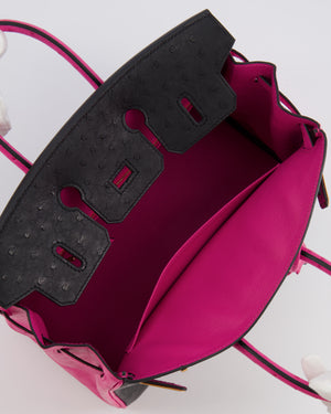 *RARE* Hermès HSS Birkin 25 Retourne Bag in Black and Rose Shocking Ostrich Leather with Gold Hardware