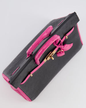 *RARE* Hermès HSS Birkin 25 Retourne Bag in Black and Rose Shocking Ostrich Leather with Gold Hardware