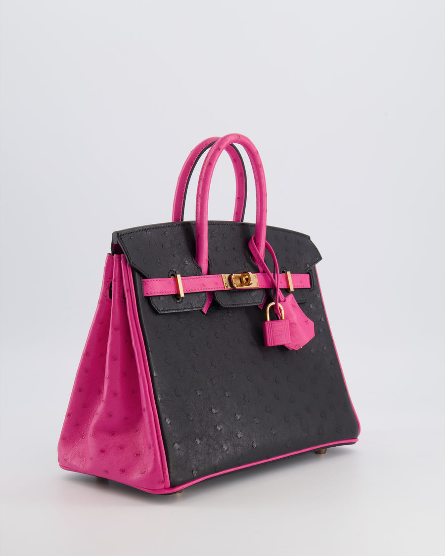 *RARE* Hermès HSS Birkin 25 Retourne Bag in Black and Rose Shocking Ostrich Leather with Gold Hardware