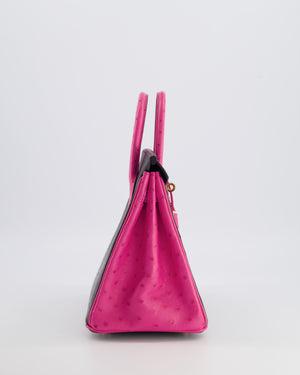 *RARE* Hermès HSS Birkin 25 Retourne Bag in Black and Rose Shocking Ostrich Leather with Gold Hardware
