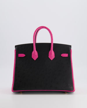 *RARE* Hermès HSS Birkin 25 Retourne Bag in Black and Rose Shocking Ostrich Leather with Gold Hardware