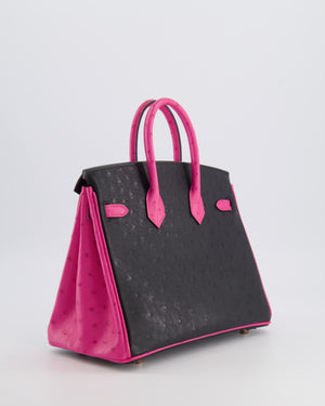 *RARE* Hermès HSS Birkin 25 Retourne Bag in Black and Rose Shocking Ostrich Leather with Gold Hardware