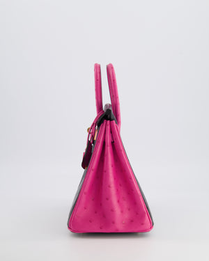 *RARE* Hermès HSS Birkin 25 Retourne Bag in Black and Rose Shocking Ostrich Leather with Gold Hardware