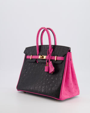 *RARE* Hermès HSS Birkin 25 Retourne Bag in Black and Rose Shocking Ostrich Leather with Gold Hardware