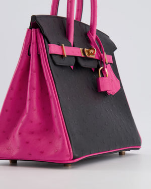 *RARE* Hermès HSS Birkin 25 Retourne Bag in Black and Rose Shocking Ostrich Leather with Gold Hardware