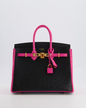 *RARE* Hermès HSS Birkin 25 Retourne Bag in Black and Rose Shocking Ostrich Leather with Gold Hardware