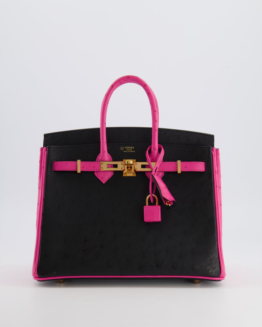*RARE* Hermès HSS Birkin 25 Retourne Bag in Black and Rose Shocking Ostrich Leather with Gold Hardware