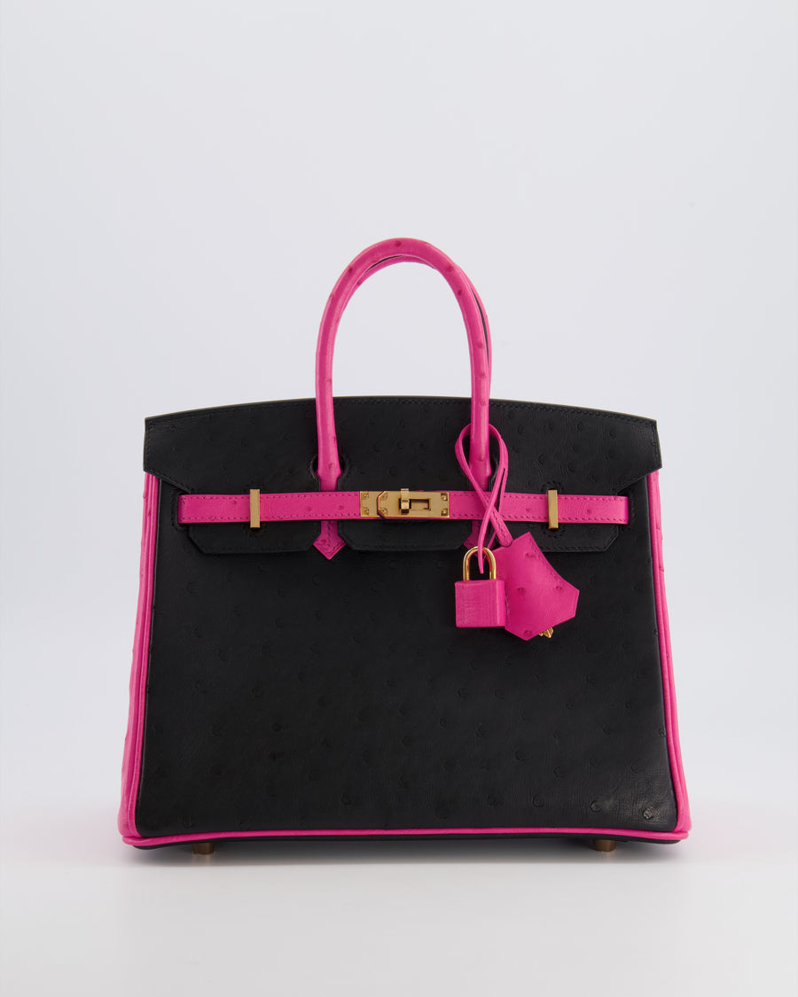 *RARE* Hermès HSS Birkin 25 Retourne Bag in Black and Rose Shocking Ostrich Leather with Gold Hardware
