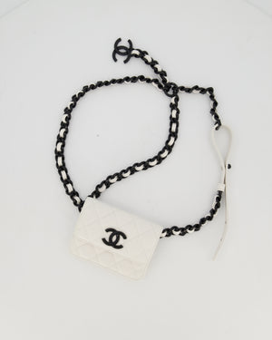 Chanel White Mini Belt Flap Card Holder In Caviar Leather with Champagne Black Hardware