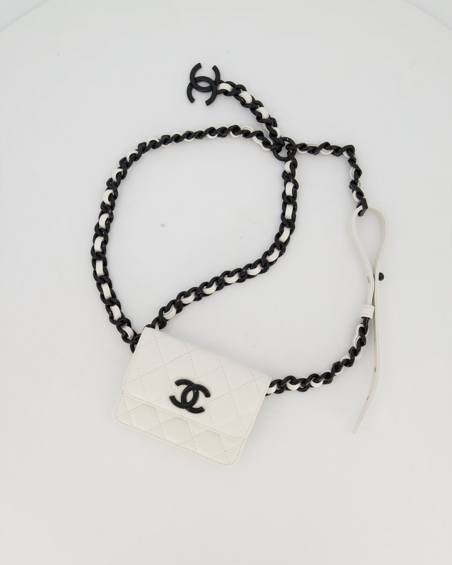 Chanel White Mini Belt Flap Card Holder In Caviar Leather with Champagne Black Hardware