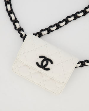 Chanel White Mini Belt Flap Card Holder In Caviar Leather with Champagne Black Hardware