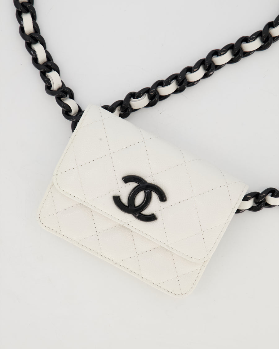 Chanel White Mini Belt Flap Card Holder In Caviar Leather with Champagne Black Hardware