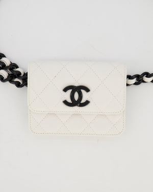 Chanel White Mini Belt Flap Card Holder In Caviar Leather with Champagne Black Hardware