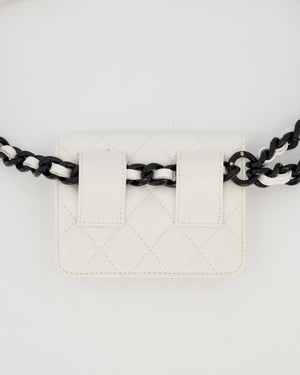 Chanel White Mini Belt Flap Card Holder In Caviar Leather with Champagne Black Hardware