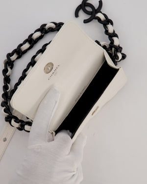 Chanel White Mini Belt Flap Card Holder In Caviar Leather with Champagne Black Hardware