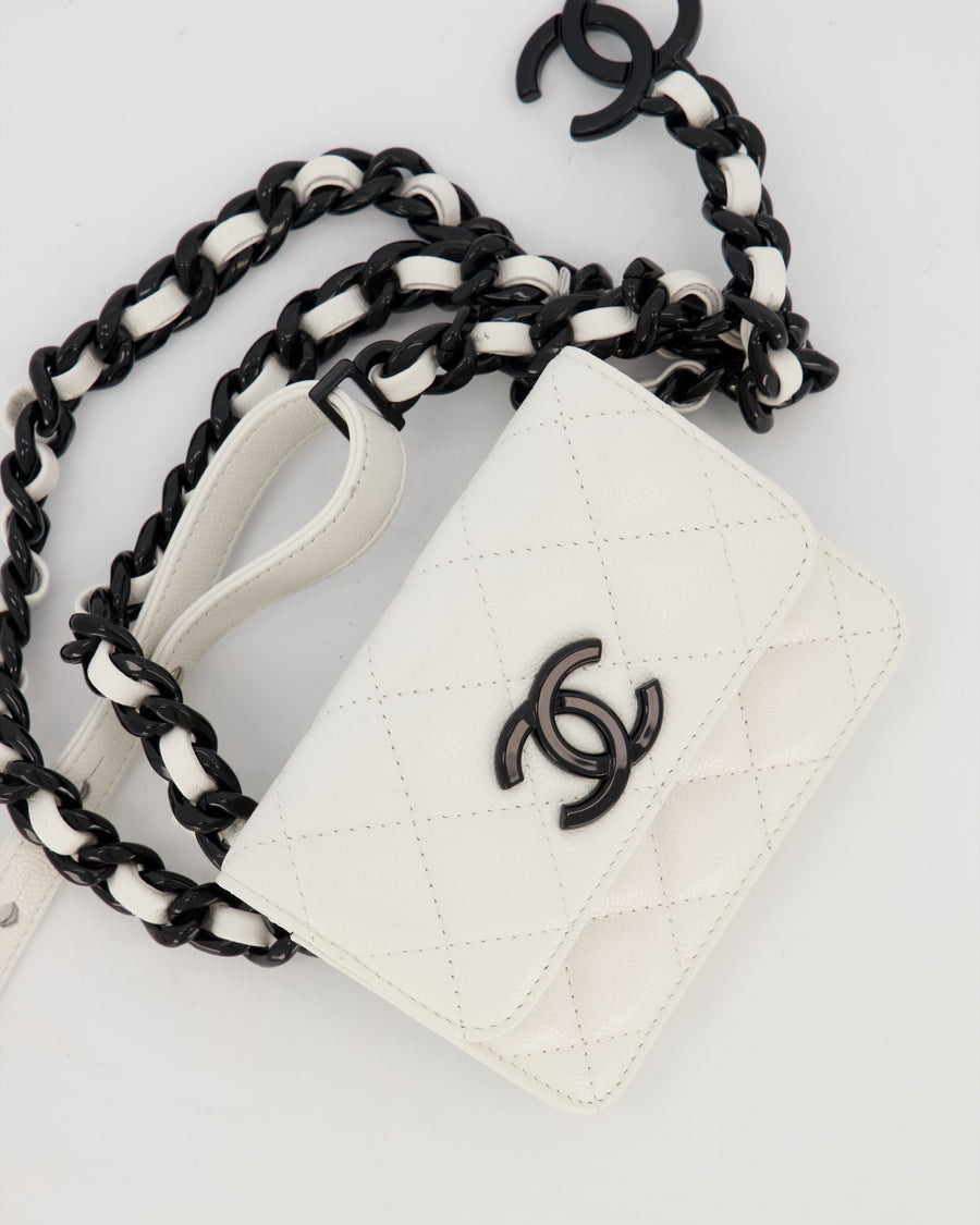 Chanel White Mini Belt Flap Card Holder In Caviar Leather with Champagne Black Hardware