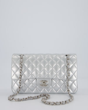 Chanel Metallic Silver Medium Classic Double Flap Bag in Lambskin Leather with Silver Hardware