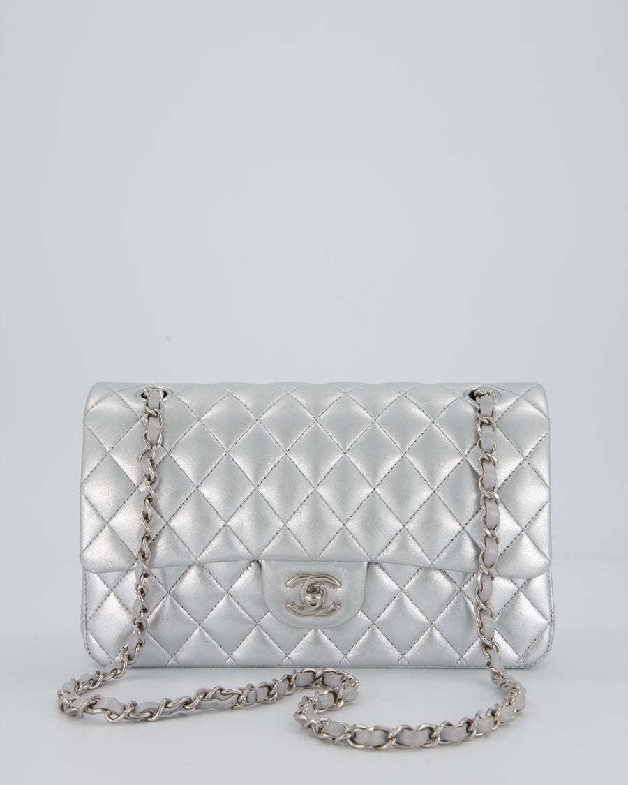 Chanel Metallic Silver Medium Classic Double Flap Bag in Lambskin Leather with Silver Hardware