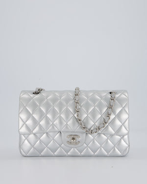 Chanel Metallic Silver Medium Classic Double Flap Bag in Lambskin Leather with Silver Hardware