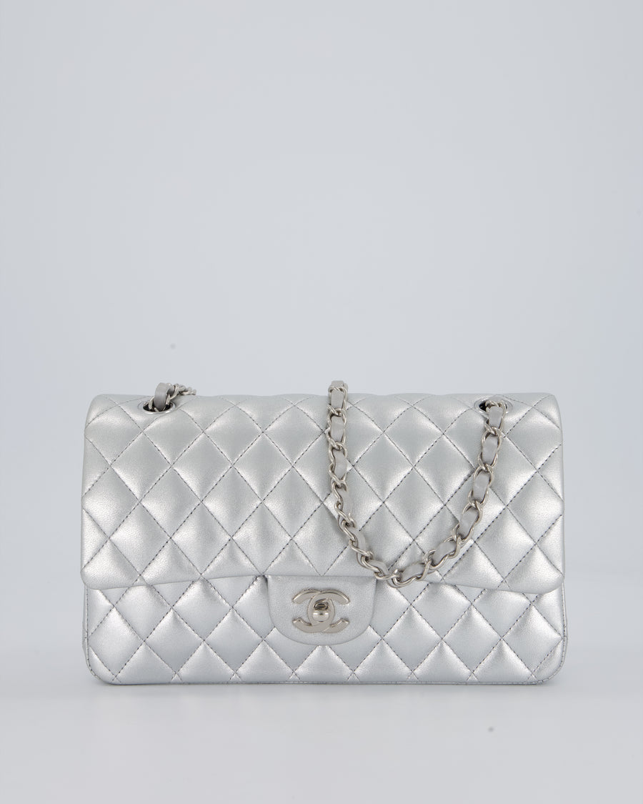 Chanel Metallic Silver Medium Classic Double Flap Bag in Lambskin Leather with Silver Hardware
