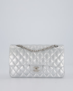 Chanel Metallic Silver Medium Classic Double Flap Bag in Lambskin Leather with Silver Hardware
