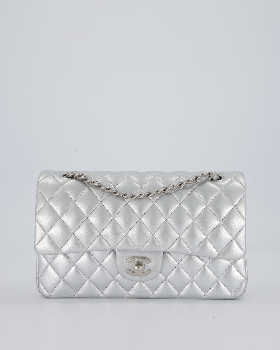Chanel Metallic Silver Medium Classic Double Flap Bag in Lambskin Leather with Silver Hardware