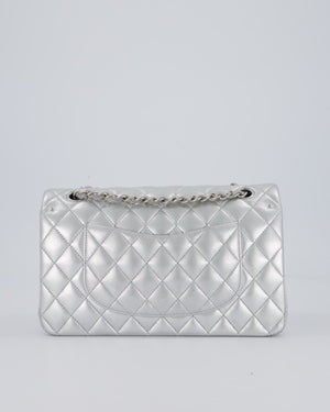 Chanel Metallic Silver Medium Classic Double Flap Bag in Lambskin Leather with Silver Hardware
