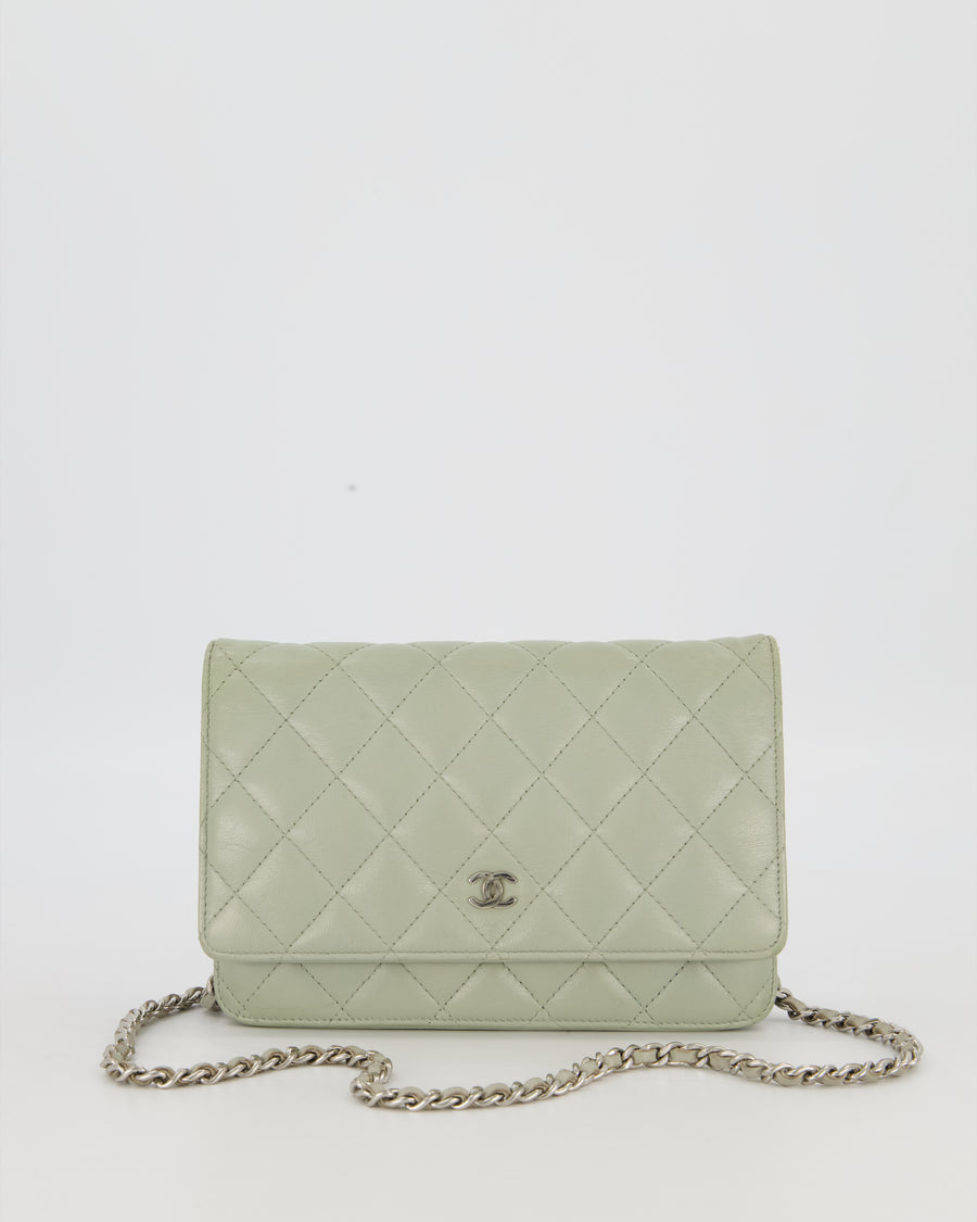 Chanel Wallet on Chain Bag with CC Logo in Sage Green Lambskin Leather with Silver Hardware
