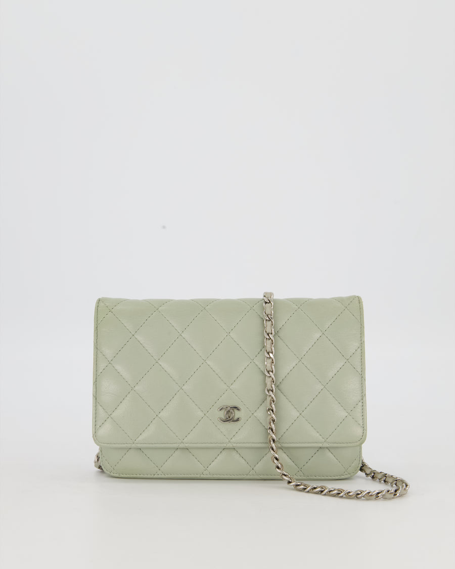 Chanel Wallet on Chain Bag with CC Logo in Sage Green Lambskin Leather with Silver Hardware