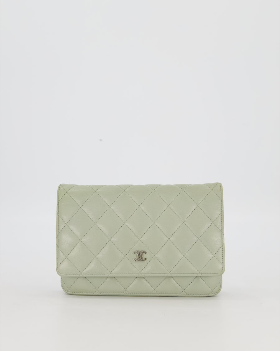 Chanel Wallet on Chain Bag with CC Logo in Sage Green Lambskin Leather with Silver Hardware