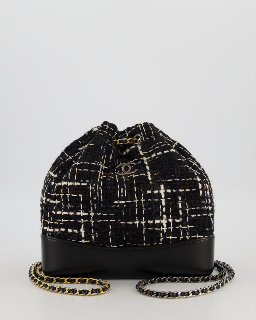 Chanel Black, White and Navy Small Gabrielle Backpack Bag in Tweed and Calfskin Leather With Mixed Hardware