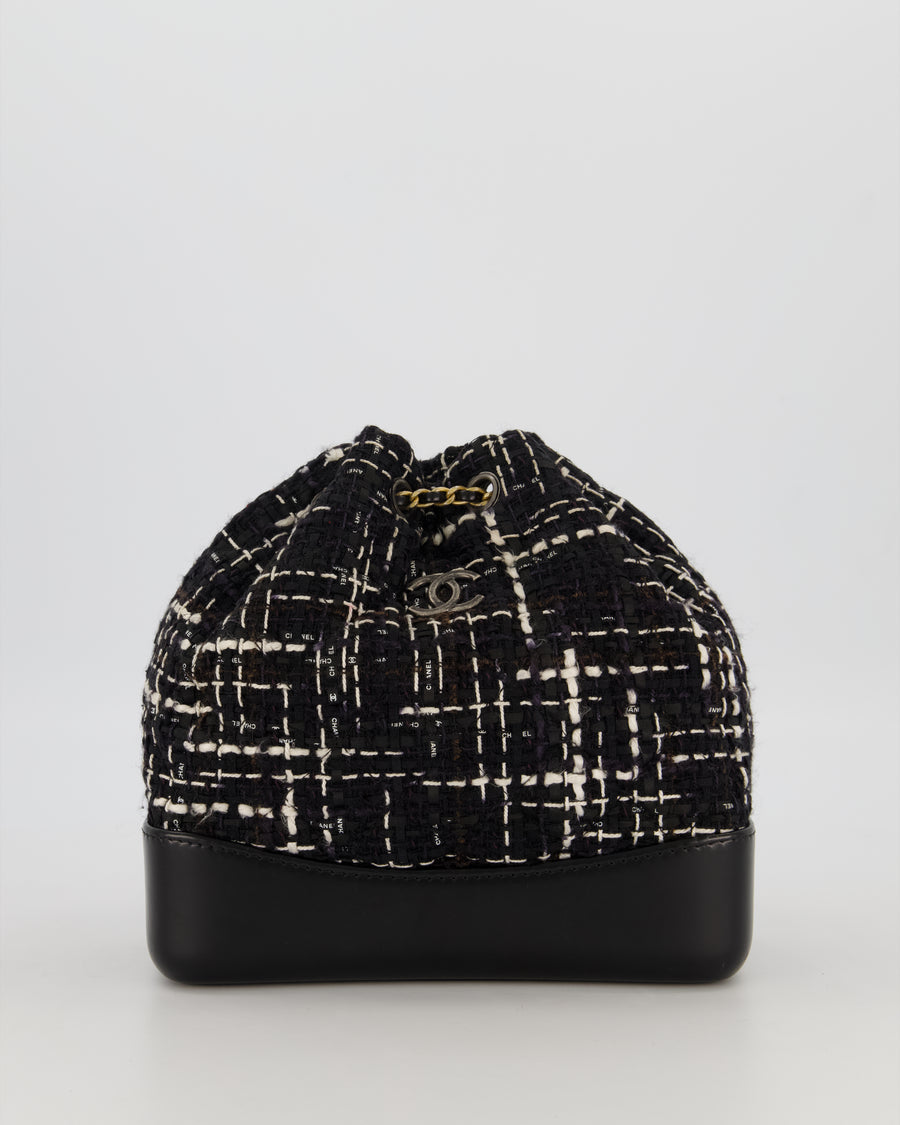 Chanel Black, White and Navy Small Gabrielle Backpack Bag in Tweed and Calfskin Leather With Mixed Hardware
