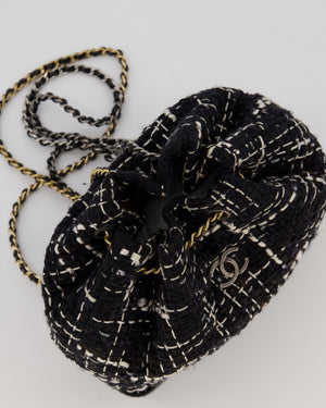 Chanel Black, White and Navy Small Gabrielle Backpack Bag in Tweed and Calfskin Leather With Mixed Hardware