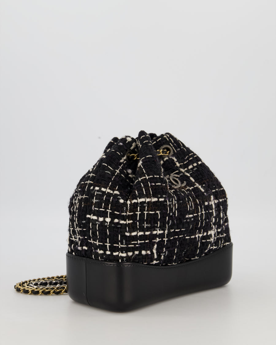 Chanel Black, White and Navy Small Gabrielle Backpack Bag in Tweed and Calfskin Leather With Mixed Hardware