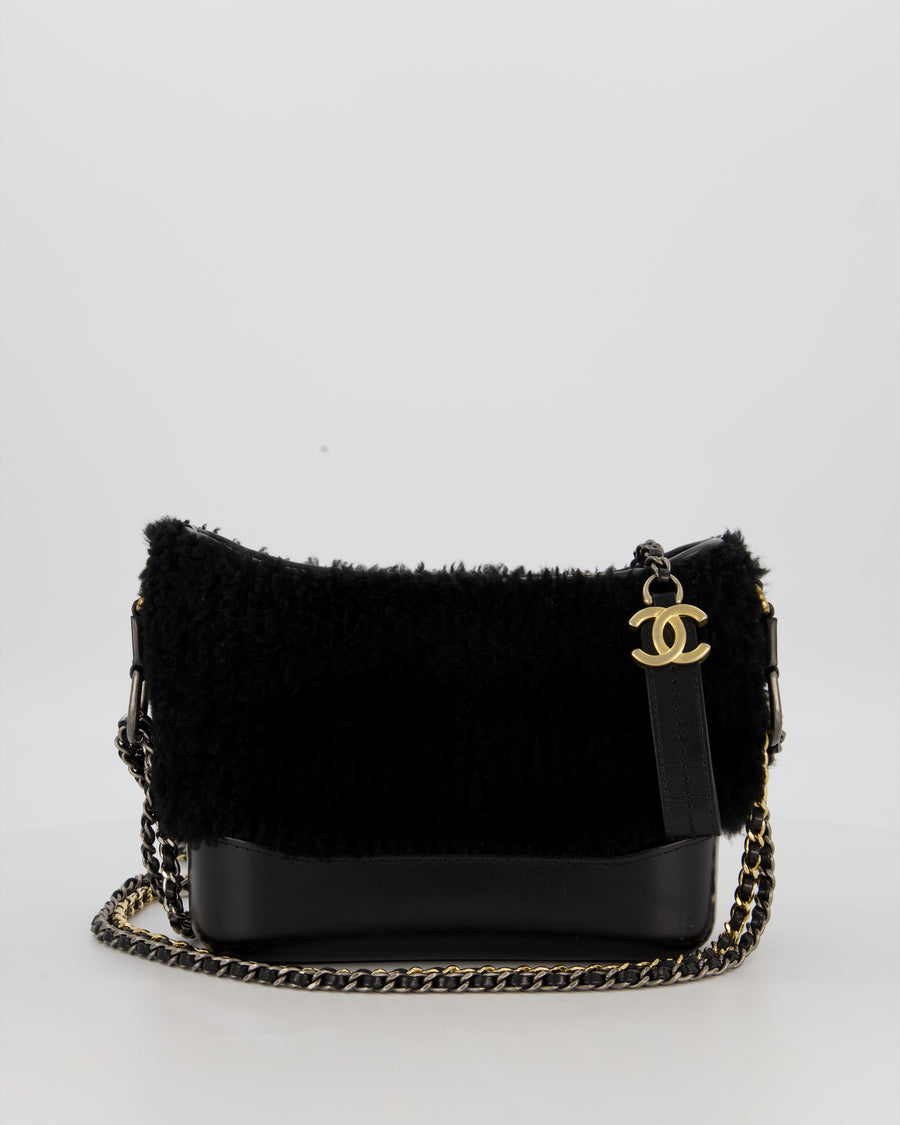 Chanel Black Small Gabrielle Bag in Shearling and Calfskin Leather With Mixed Hardware