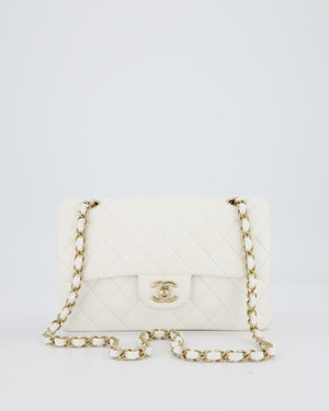 Chanel White Small Classic Double Flap Bag in Caviar Leather with Champagne Gold Hardware