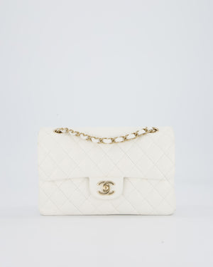Chanel White Small Classic Double Flap Bag in Caviar Leather with Champagne Gold Hardware