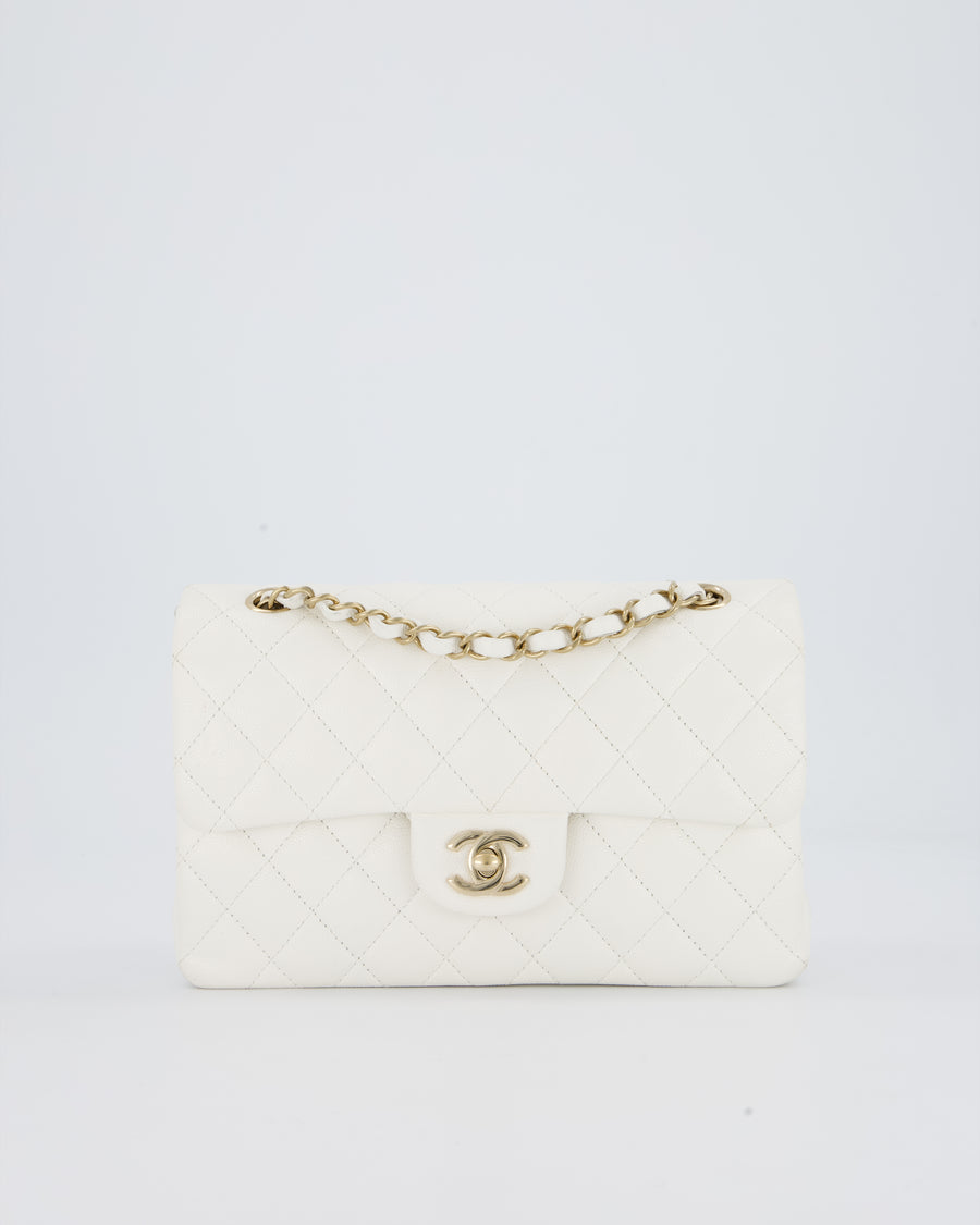 Chanel White Small Classic Double Flap Bag in Caviar Leather with Champagne Gold Hardware