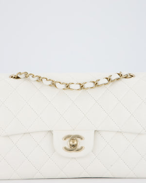 Chanel White Small Classic Double Flap Bag in Caviar Leather with Champagne Gold Hardware
