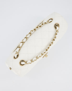 Chanel White Small Classic Double Flap Bag in Caviar Leather with Champagne Gold Hardware