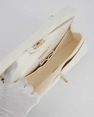 Chanel White Small Classic Double Flap Bag in Caviar Leather with Champagne Gold Hardware
