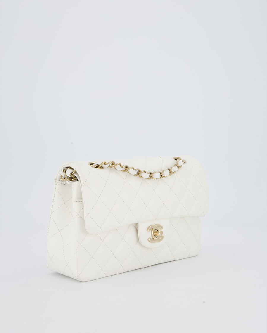 Chanel White Small Classic Double Flap Bag in Caviar Leather with Champagne Gold Hardware