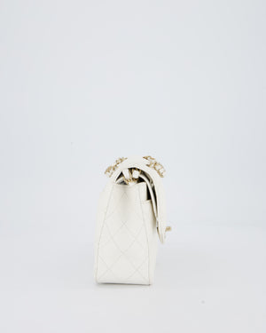 Chanel White Small Classic Double Flap Bag in Caviar Leather with Champagne Gold Hardware