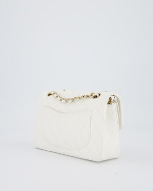 Chanel White Small Classic Double Flap Bag in Caviar Leather with Champagne Gold Hardware