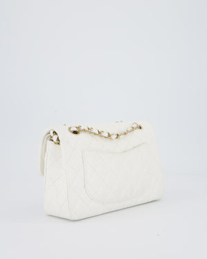 Chanel White Small Classic Double Flap Bag in Caviar Leather with Champagne Gold Hardware