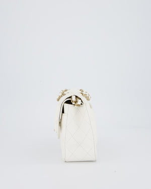 Chanel White Small Classic Double Flap Bag in Caviar Leather with Champagne Gold Hardware