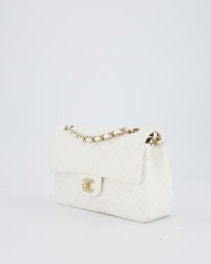 Chanel White Small Classic Double Flap Bag in Caviar Leather with Champagne Gold Hardware