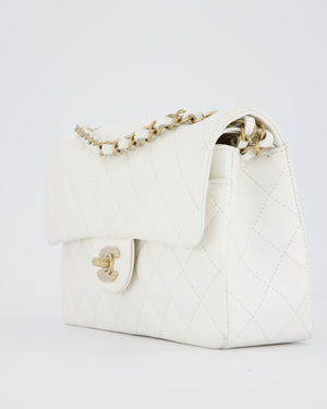 Chanel White Small Classic Double Flap Bag in Caviar Leather with Champagne Gold Hardware