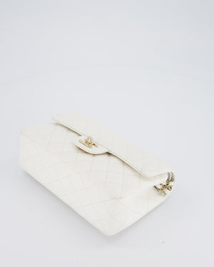 Chanel White Small Classic Double Flap Bag in Caviar Leather with Champagne Gold Hardware